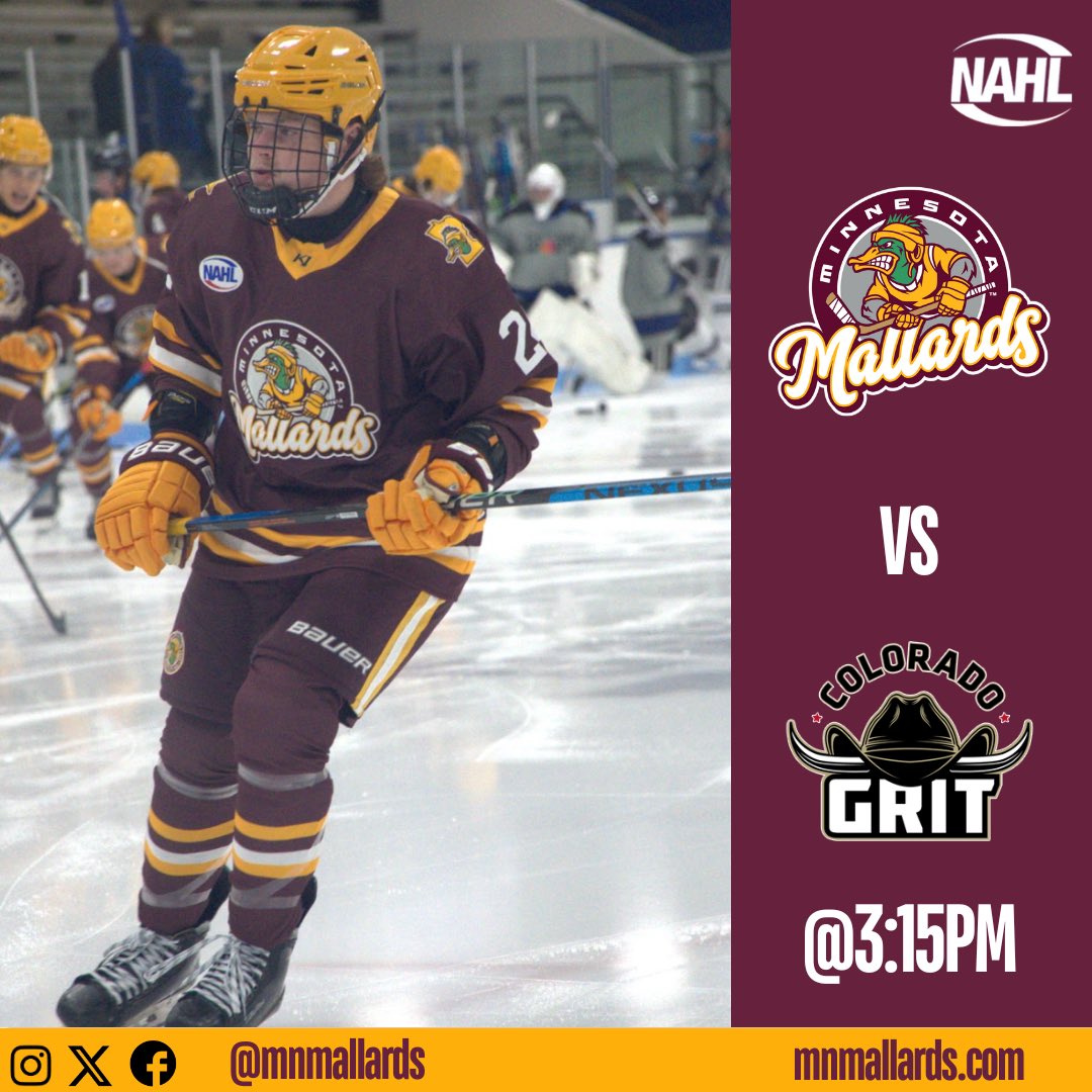 The Minnesota Mallards take on the Colorado Grit at NSC Rink 2 at the Super Rink in Blaine. Puck drops at 3:15 PM! #JoinTheFlock #FlyMallardsFly #NAHL
