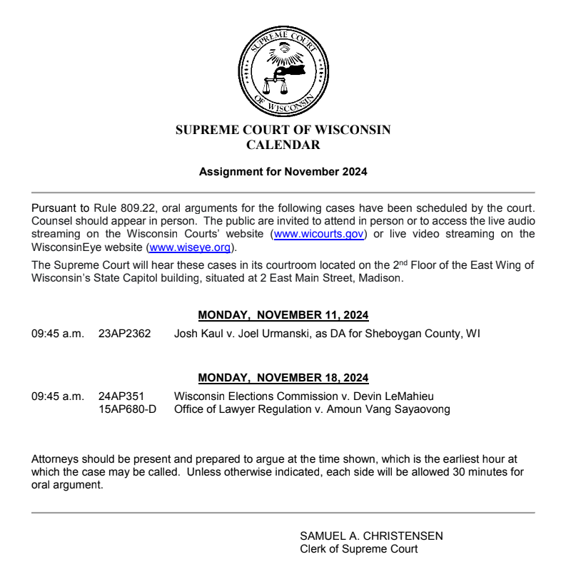 CalebGerbitz's tweet photo. Here's the Wisconsin Supreme Court's November oral argument schedule. 
Curiously, it appears the court is hearing only one of the two cases involving Wisconsin's abortion ban (Kaul v. Urmanski). 
WEC v. LeMahieu is a fight over whether WEC must appoint a new administrator. https://t.co/asmWd2uPZH