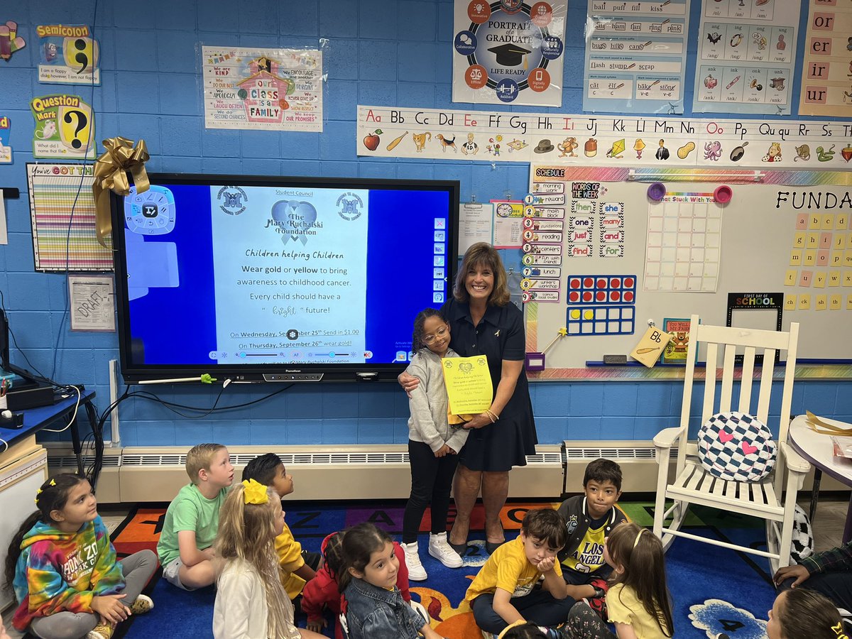 MWDPrimary's tweet photo. Wear Gold or Yellow to help support Pediatric Cancer Research. September is Childhood Cancer Awareness month. MWD Student Council Delegates raised $450 and donated it to the Mary Ruchalski Foundation. #lightitupgold #GreatnessUnleashed @MalverneUFSD @supt4kids https://t.co/pmG8Mv3NUB