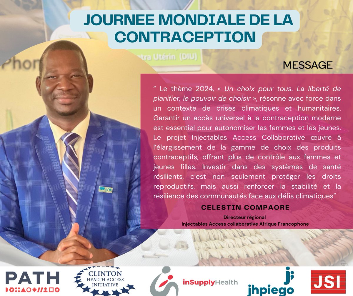 DMPASCNow's tweet photo. À l'occasion de la J#JMC2024, @CelestinCompao1, Directeur régional du projet Injectable Acess collaborative pour les pays francophones pour @Jhpiego, nous rappelle l'importance de l'accès aux méthodes contraceptives modernes pour tous. #JMC2024 #DMPASC #AutoInjection https://t.co/eUVw2GUExn