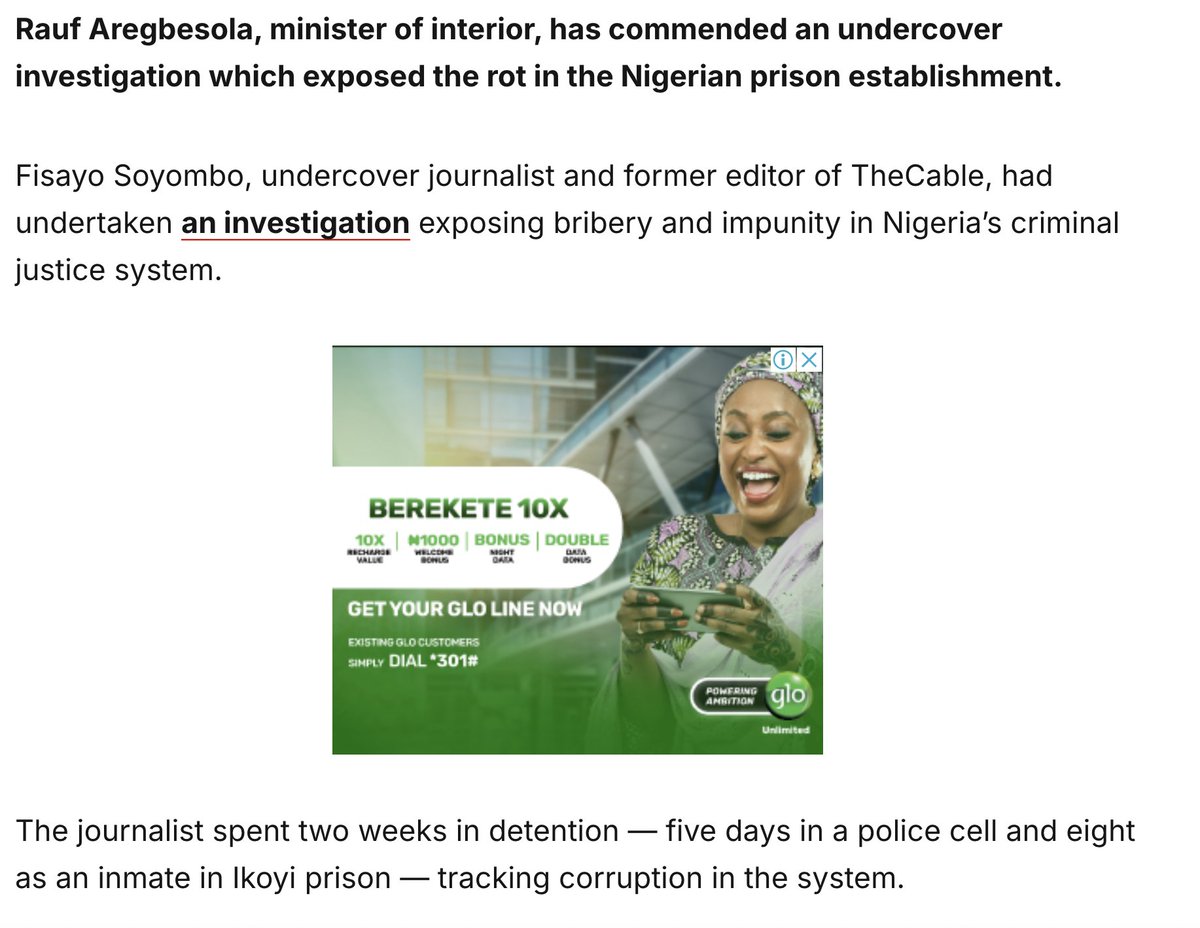 fisayosoyombo's tweet photo. I read that Interior Minister Olubunmi Tunji-Ojo has “directed an unconditional and comprehensive investigation into the allegations of bribery and corruption within the Nigerian Correctional Service”.

I know — and I hope you know too — that ‘it’s all cruise’. Yes.

Let me call on two things to support my claim: (i) Precedent; (ii) Rot.

On precedent. In 2019, after the release of my undercover investigation for which I deliberately got myself jailed at Ikoyi Prison (preceded by a five-day detention at Pedro Police Station), the then interior minister, Ogbeni Rauf Aregebesola, publicly commended me and promised an investigation.

Ladies and gentlemen, next month will make it five years since Aregbesola made that vow; I am still awaiting the outcome of that investigation. You see, Ogbeni was speaking at a prisons-related European Union event, and he simply knew the right things to say. That’s one precedent confirming the typical Nigerian politician’s mastery of gallery play, public sentiment manipulation and seizing a momentous publicity opportunity, at the expense of actually getting any job done.

But it’s not like Aregbesola didn’t lift a finger; like Tunji-Ojo, he did order the composition of a committee. From the prison sources I built during my stay, I can tell you Ikoyi Prison had foreknowledge of the committee’s visit, consequently utlising the lengthy notice to cover up its tracks. The delegation from Abuja arrived in Lagos to plastic sights, discovering nothing of significance. Meanwhile, this committee never reached out to the journalist who reported what they were supposedly investigating: no phone call, no email; nothing. No attempt to ask if there were things he saw that did not make it into his story.

Then the rot is too deep for committee handling. This investigation directed by Tunji-Ojo will be executed by who? The prison controller or yet another committee? Could Bobrisky have ‘disappeared’ from Kirikiri Prison without the knowledge of senior prison officials? Is the controller-general of prisons going to feign ignorance of the heavily-monetised special cells inside prisons? Will the assistant controllers claim to be unaware their prisons are business centres where warders are sellers and inmates buyers of everything merchandise from phones to weed, ‘coke’ and booze? So, who exactly will spearhead Tunji-Ojo’s investigations? The same complicit officers?

We play too much in this country, I swear to the high heavens. Let’s be serious about becoming a functional society for once. And it starts with public office holders taking the people seriously. No more perfunctory directives that offer nothing more than media-applause value.