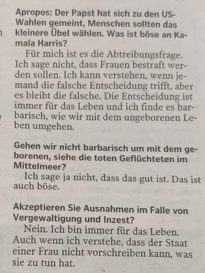 Beim Hype ëm de Besuch vum Chef vun der kath. Kierch gëtt einfach driwwer ewech gekuckt, wéi den Äerzbëschof an engem Interview d’Recht op Selbstbestëmmung vun der Fra mat Féiss trëppelt a sech souguer am Fall vu Vergewaltegung an Inzest fir dat “ongebuerent Liewen” ausschwätzt.