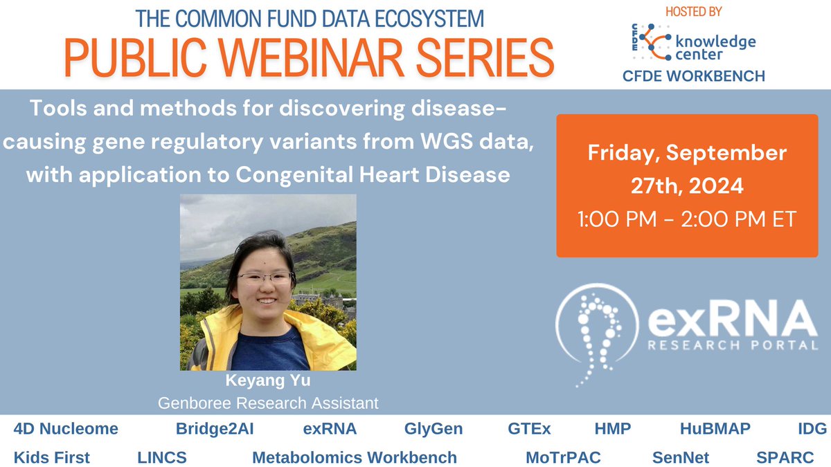 CFDEKC's tweet image. We&apos;re ONE day away from the next session of the #CFDEPublicWebinarSeries featuring Keyang Yu from
@exRNA @NIH_CommonFund! Details on joining can be found here: hugeamp.org/research.html?……
@CfdeWorkbench #NIHCommonFund #exRNA