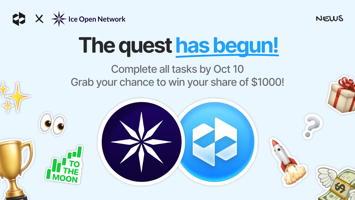 🚀 The quest is live!

Join <a href="/letsexchange_io/">LetsExchange</a>  &amp; <a href="/ice_blockchain/">Ice Open Network</a> on the ultimate crypto adventure! Complete all tasks between Sept 26 and Oct 10, and YOU could win a share of the $1000 prize pool! 

💸 500 $USDT from LetsExchange and 500 USDT worth of ICE tokens from Ice Open