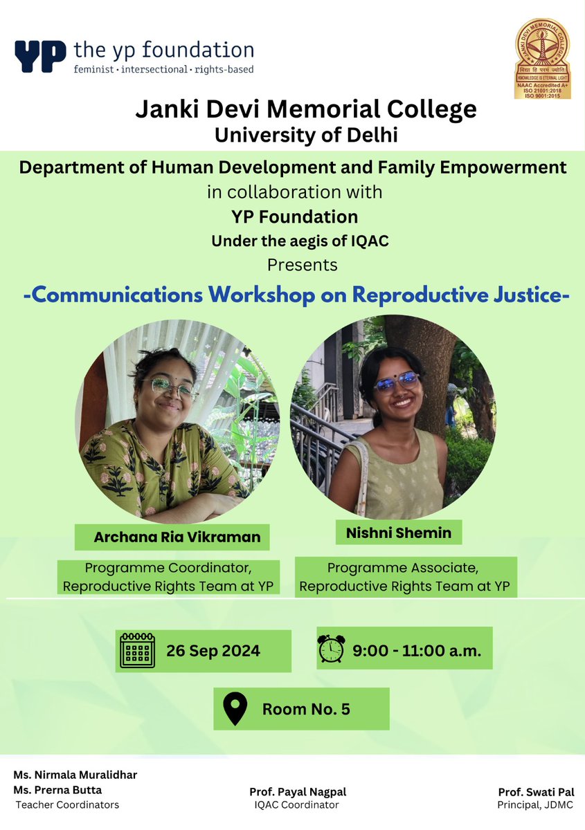 hdfe_jdmc's tweet photo. HDFE Dept. in collab. with YP Foundation, organized a Communication Workshop on Reproductive Justice, on 26th Sept 2024
The workshop was led by Ms. Archana Ria Vikraman, Prog. Coordinator, &amp; Nishni Shemin, Prog. Associate, both from the Reproductive Rights Team at YP Foundation. https://t.co/L3WArR7SfK