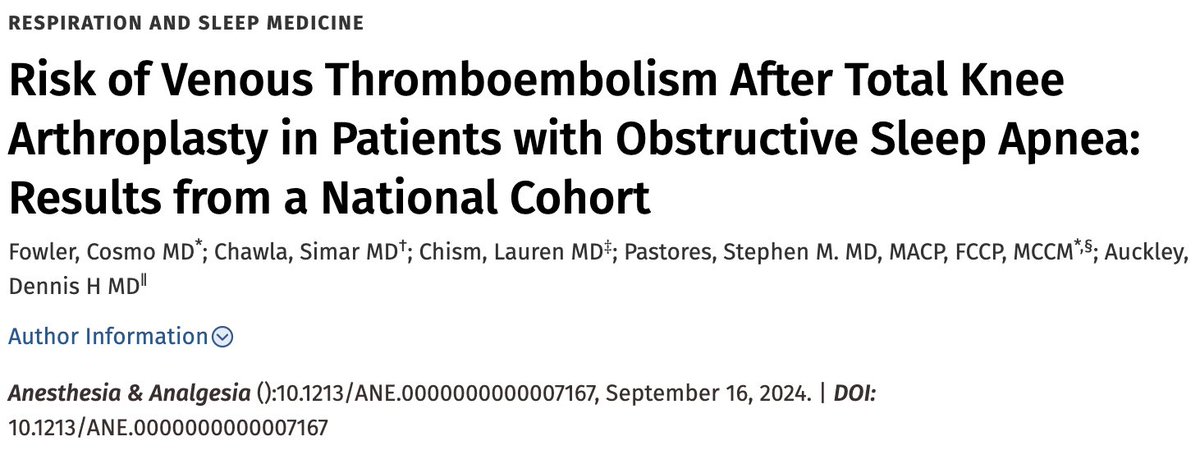 Memorial Sloan Kettering Anesthesia (@msk_anesthesia) on Twitter photo Check out our new article on "Risk of Venous Thromboembolism After Total Knee Arthroplasty in Patients with Obstructive Sleep Apnea" in <a href="/IARS_Journals/">Anesthesia&Analgesia</a>
journals.lww.com/anesthesia-ana… Check out our new article on "Risk of Venous Thromboembolism After Total Knee Arthroplasty in Patients with Obstructive Sleep Apnea" in <a href="/IARS_Journals/">Anesthesia&Analgesia</a>
journals.lww.com/anesthesia-ana…