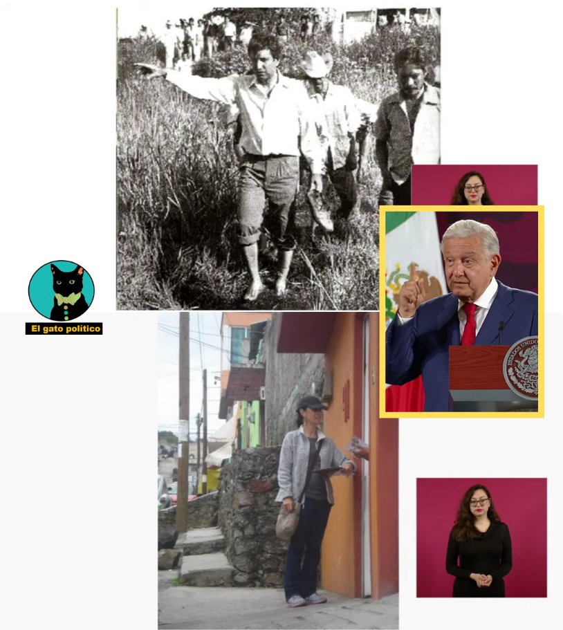elgatopolitico_'s tweet photo. 🔴🔴AMLO muestra una foto suya de 1988, descalzo y recorriendo los pueblos. Y una foto de nuestra próxima presidenta, Claudia Sheinbaum, repartiendo periódicos casa por casa:

"Así trabajábamos, así nos formábamos y me siento muy orgulloso que así empecé y así termino y no cambié", dijo el presidente recordando.
#Mañanera #ConferenciaPresidente