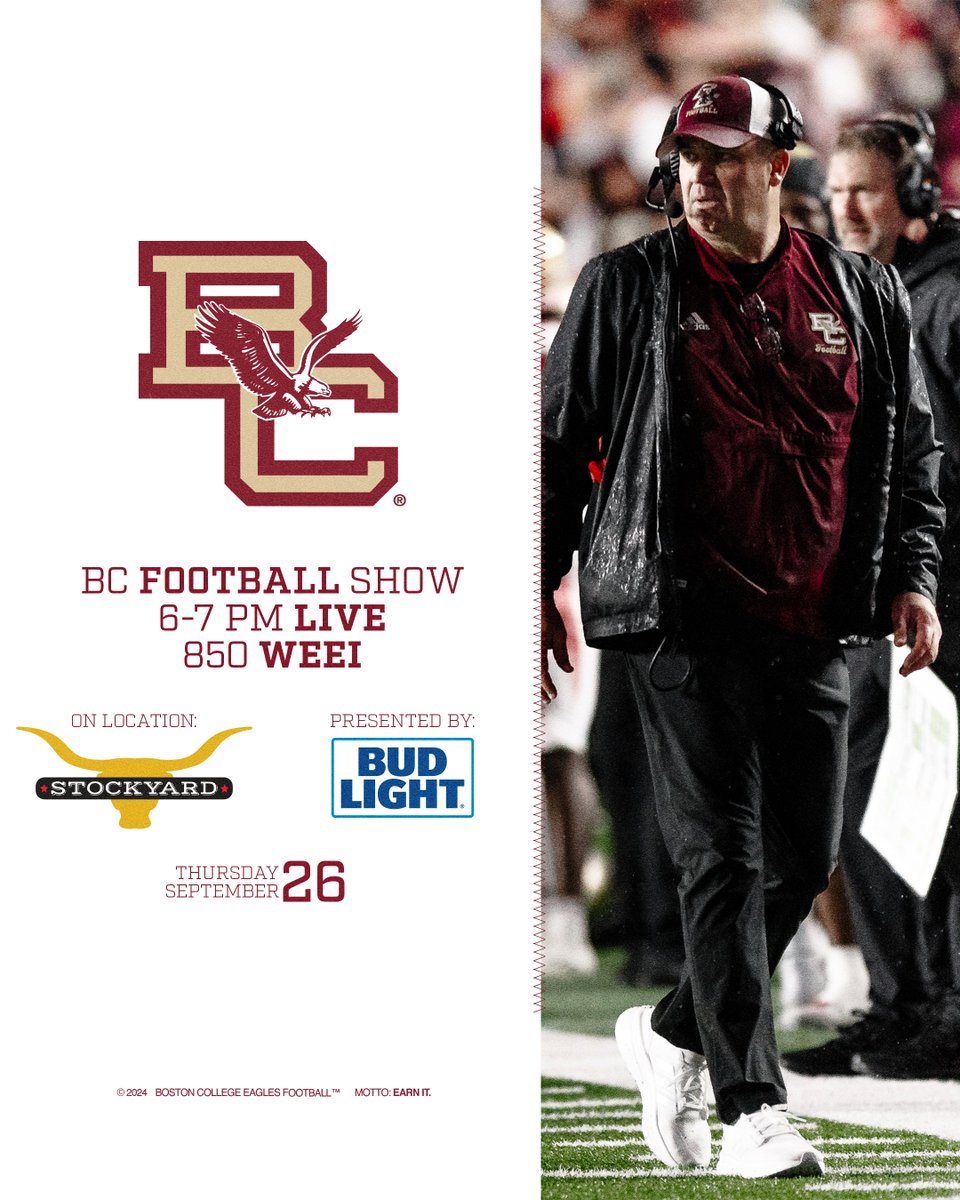 The BC Football Show live on <a href="/WEEI/">WEEI</a> tonight at The Stockyard. Join Coach O'Brien in Brighton or listen in on WEEI 850 AM. 

📻 bceagles.com/Radio