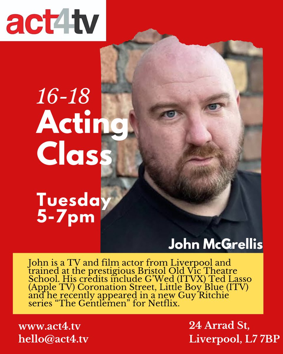 act4tv's tweet photo. NOW ENROLLING 👏🏼

Our 16-18 year old class on Tuesdays in Liverpool run by the fabulous @JohnMcGrellis 

Start your acting journey, learn more about the industry and be supported by an amazing community of actors along the way 🎭 

Email hello@act4.tv to book you space now 👏🏼 https://t.co/VWunGgywft