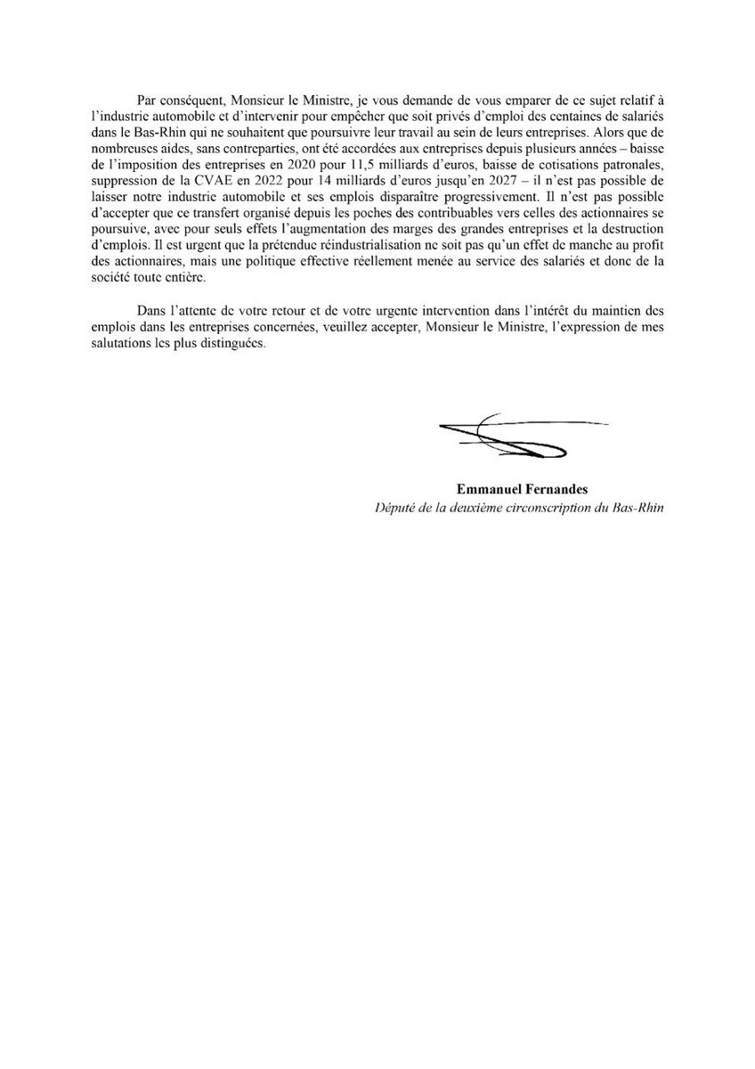 EmmanFernandes's tweet photo. 🔴J'interpelle le ministre de l'industrie @FerracciMarc sur l'industrie automobile dans le Bas-Rhin, notamment chez #DUMAREY et #NOVARES

👉Je serai présent samedi 28 sept. à 14h place Kléber à #Strasbourg aux côtés des salarié⸱es : soutenons-les, pour le maintien des emplois ! https://t.co/2inPytsPUF