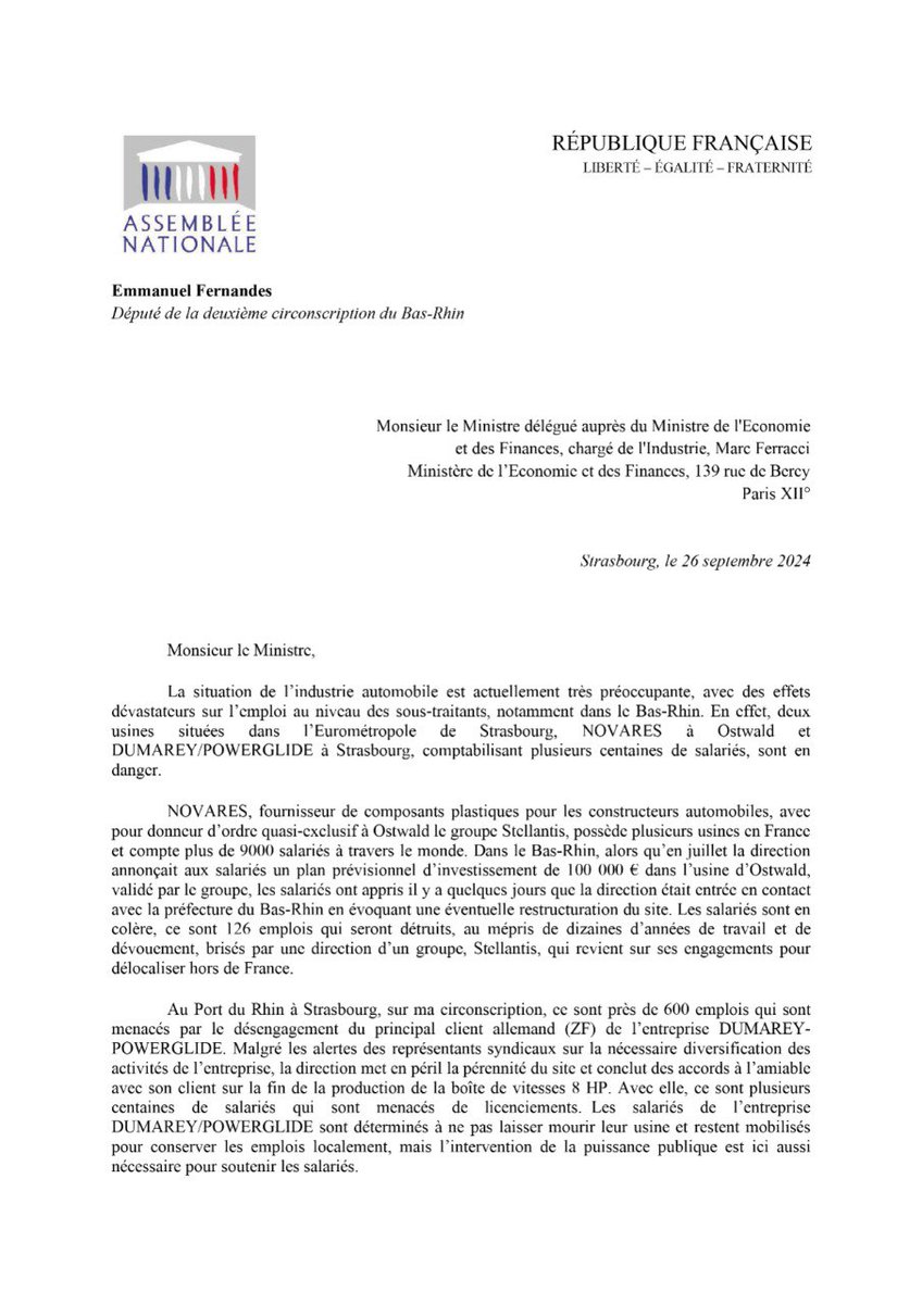 EmmanFernandes's tweet photo. 🔴J'interpelle le ministre de l'industrie @FerracciMarc sur l'industrie automobile dans le Bas-Rhin, notamment chez #DUMAREY et #NOVARES

👉Je serai présent samedi 28 sept. à 14h place Kléber à #Strasbourg aux côtés des salarié⸱es : soutenons-les, pour le maintien des emplois ! https://t.co/2inPytsPUF