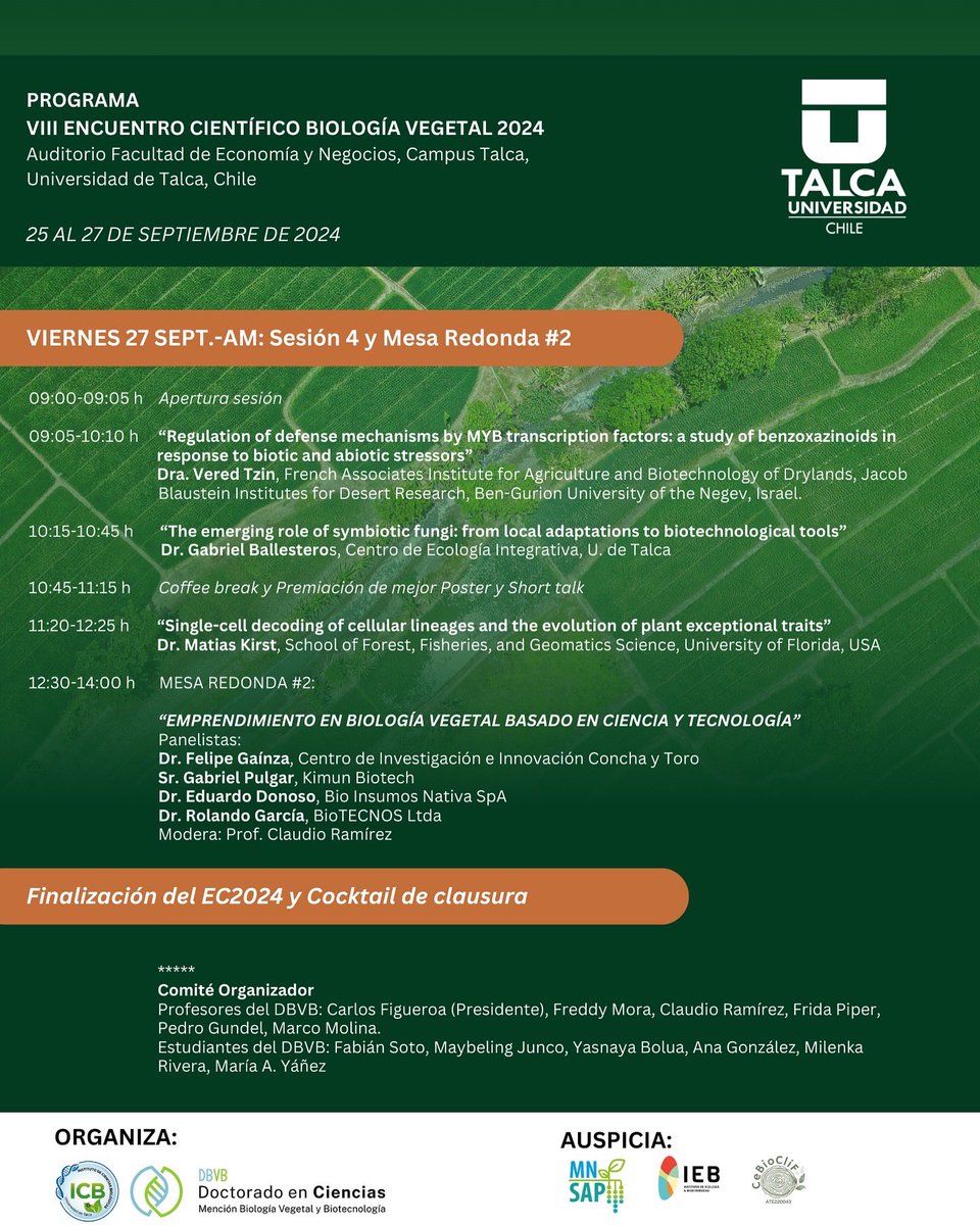 dbvb_utalca (@dbvb_utalca) on Twitter photo 🟢#Programación ➡️ Revisa el #programa para los días jueves 26 y viernes 27 del 🌳 “VIII Encuentro Científico Biología Vegetal. De Moléculas a Ecosistemas” organizado por el programa DBVB de la Universidad de Talca
📢Más Info:
contactodigv@utalca.cl
dbvb.utalca.cl 🟢#Programación ➡️ Revisa el #programa para los días jueves 26 y viernes 27 del 🌳 “VIII Encuentro Científico Biología Vegetal. De Moléculas a Ecosistemas” organizado por el programa DBVB de la Universidad de Talca
📢Más Info:
contactodigv@utalca.cl
dbvb.utalca.cl