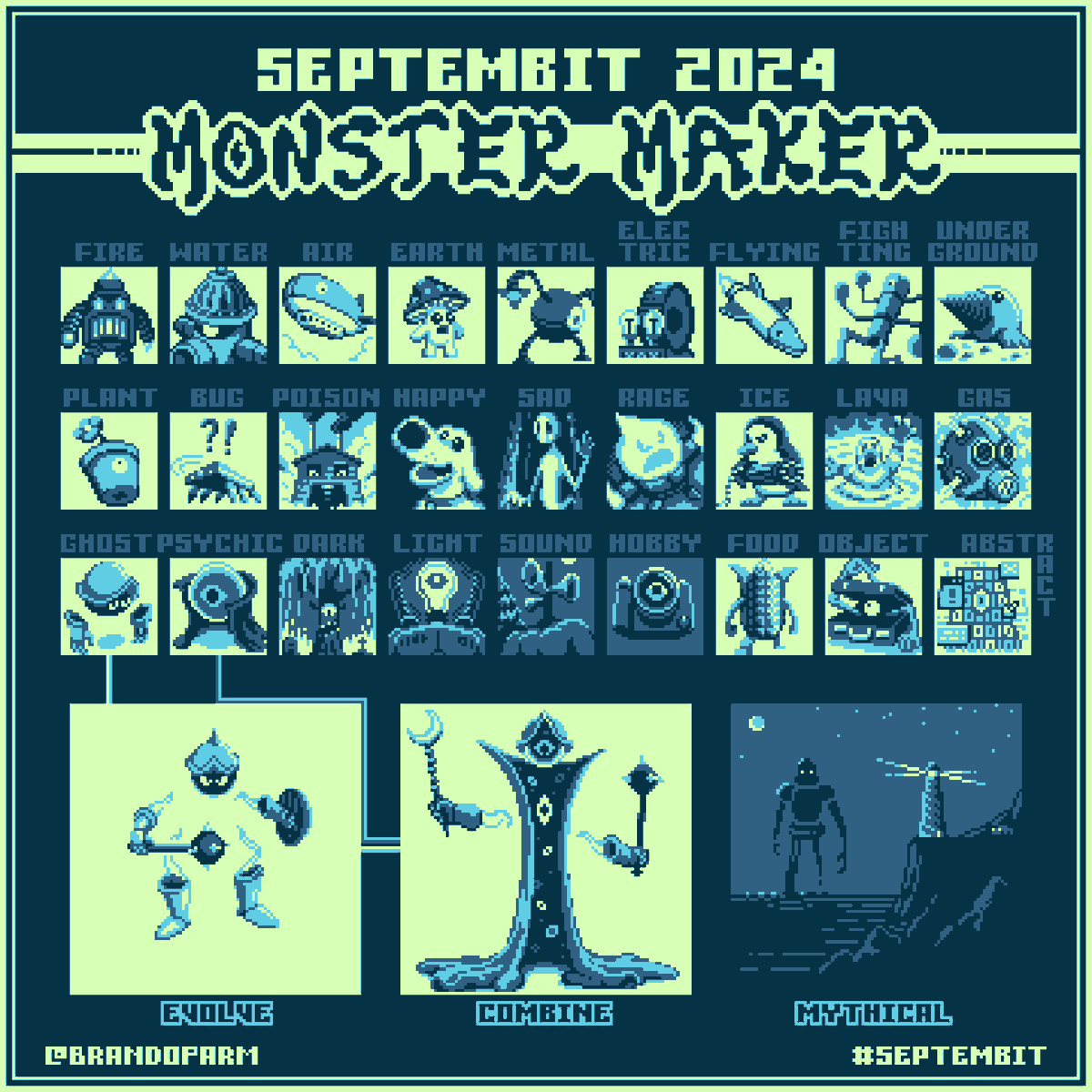 BrandoParm's tweet photo. I finished the Septembit challenge! I poured my heart into this one, so please, let me know which ones you like best. I'm also very close to 1k, so any help getting there is infinitely appreciated #pixelart #aseprite https://t.co/wr10hBCKtj