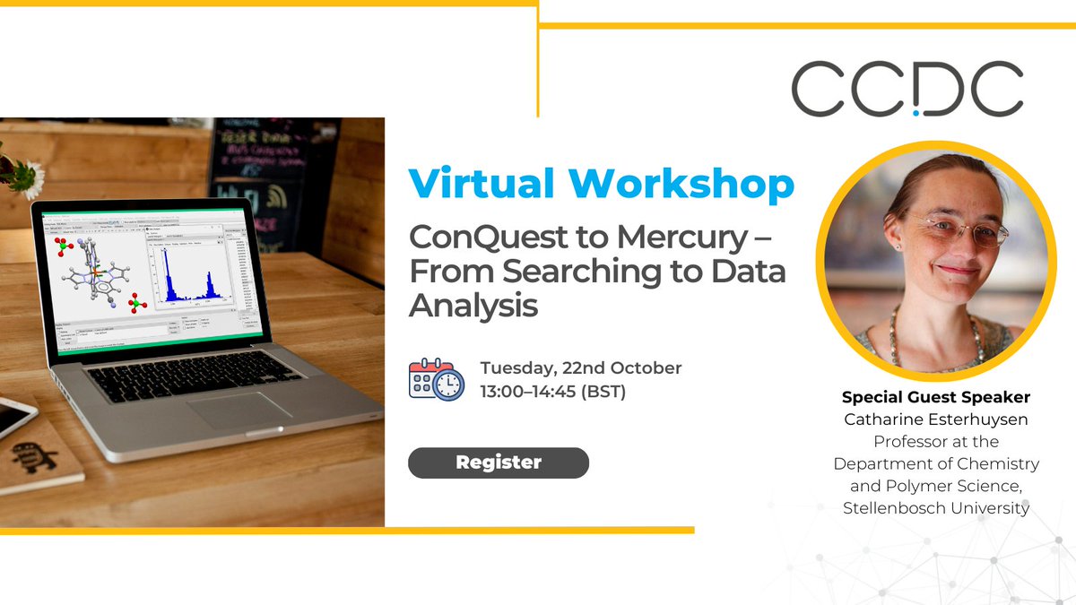 📣Upcoming Free Virtual Workshop!

Learn about a workflow for examining detailed trends and behaviours of specific 3D parameters, including inter- and intra-molecular distances, angles, and torsions.
 
📆 22nd October / 13:00–14:45 (BST)

🔗ccdc-info.com/3xQv9QE