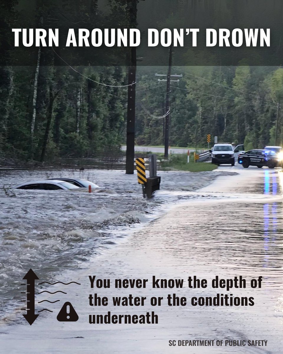 theSCDPS's tweet photo. As #HurricaneHelene makes landfall, rain will continue to impact our state. Remember to never drive through flooded areas. You never know what is below the water or what kind of condition the roadway is in. 

#TurnAround #DontDrown #Helene #TrackingHelene #scwx #sctweets https://t.co/latByJEHkm