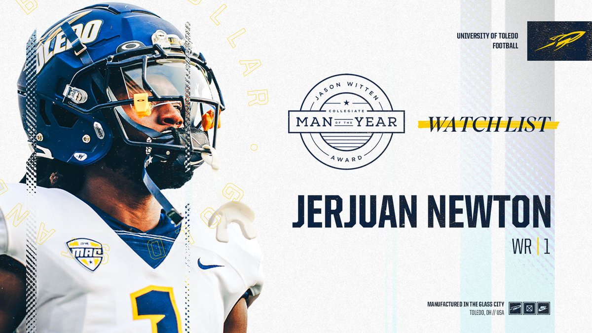 ToledoFB's tweet photo. Congrats to @NJerjuan for being named to the @wittenCMOY watch list! #TeamToledo 

🔵3-time team captain
🟡2-time All-MAC receiver
🔵Ranks in top 15 in Toledo career record book in receptions, TD receptions, receiving yards.

📰https://t.co/gCD4yZcwy8 https://t.co/Z4RcBlYye4