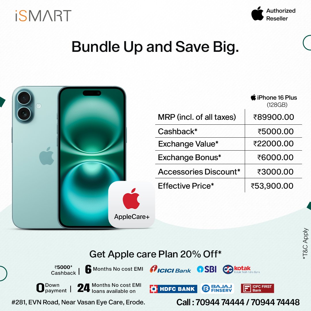 ismart_erode's tweet photo. Hello, iPhone 16! Can’t wait to explore! 🚀!!
💥Bundle Up and Save Big!!!💥
Get Apple Care Plan 20% Off*

Call now : 7094474444/7094474448

#ismart #Mobiles #Applewatchdeals #gadgetsSale #Mobileoffers #ismartErode #BestDeals #Specialoffers #LimitedtimeOffer #AuthorisedReseller https://t.co/d3WxIlIXIr