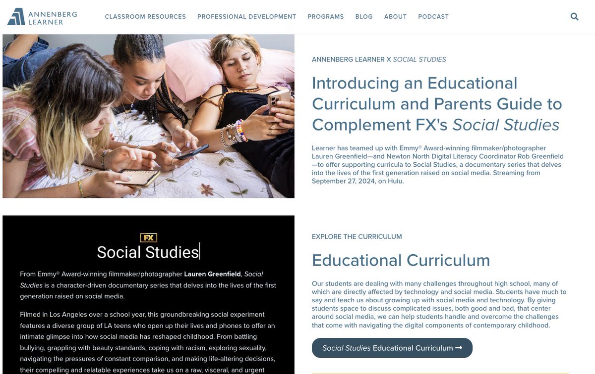 I am excited to announce that we have partnered with the <a href="/Annenberg_FDN/">Annenberg Foundation</a>  and Annenberg Learner on a 23-topic educational curriculum and parent resources to complement my first doc series, SOCIAL STUDIES. learner.org/socialstudies/

#socialstudiesfx