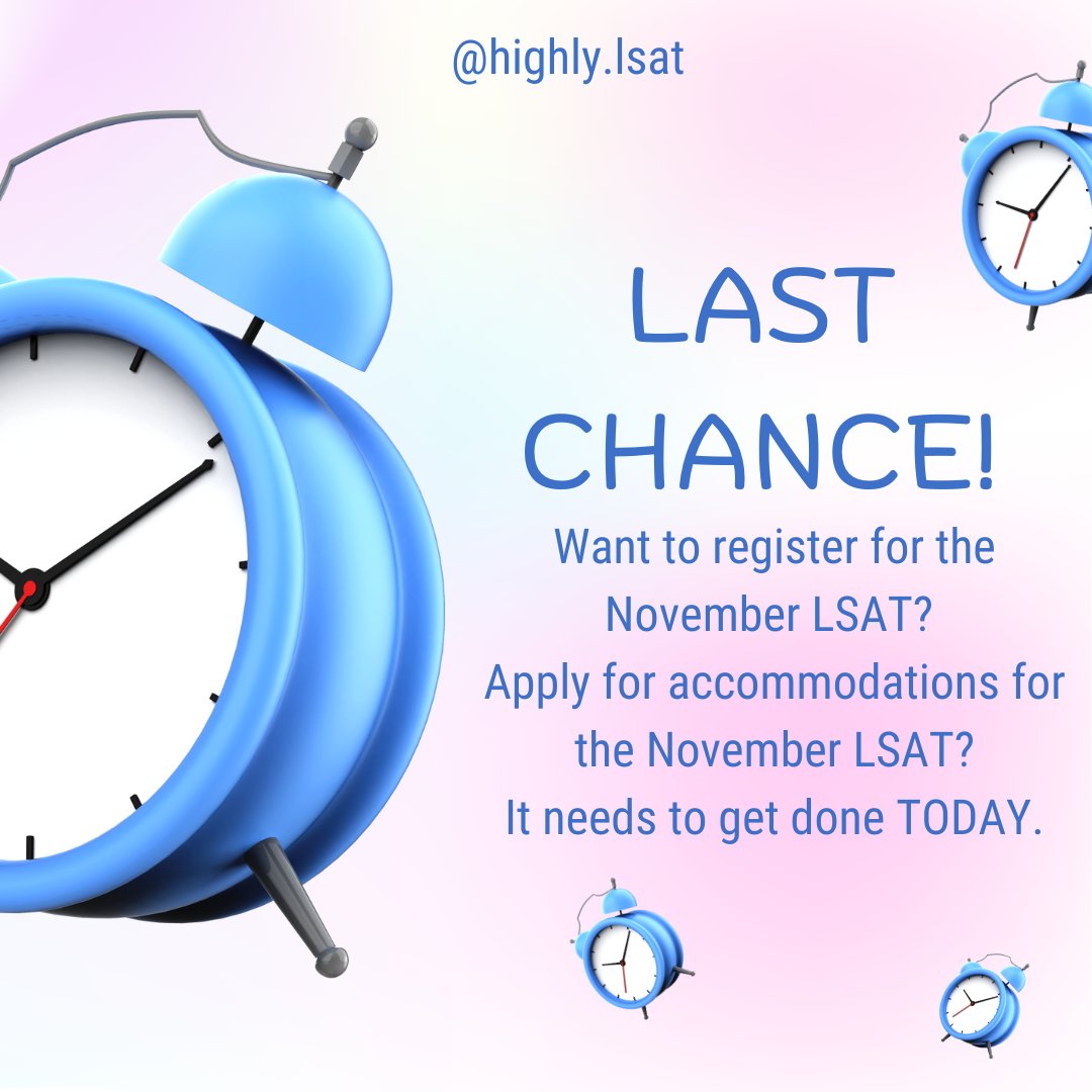 Highly_LSAT's tweet image. Don’t miss your last chance to sign up for the LSAT in November! #lsat #lsatsuccess #lsatsuccessstory #lawschooladmissions #highlsatscore #lsattestdates⁠ #lsatprep #lsatpreparation #lsatstudying #lsatmotivation #prelaw #prelawstudents #lsattutor #lsatinstructor #lsatteacher