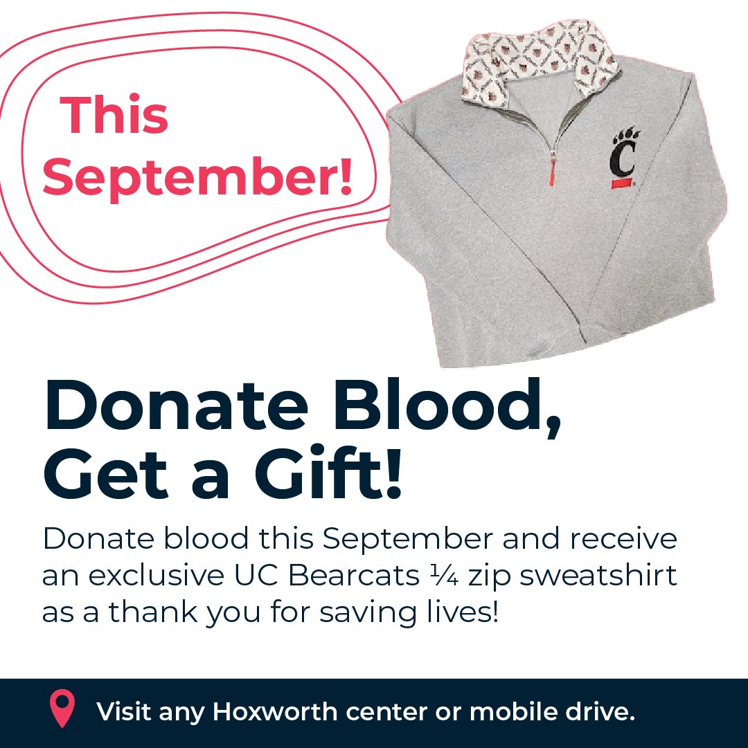 Donate Blood, Save Lives, &amp; Get A Cool Gift! ⁠
⁠
This month when you donate blood at ANY #Hoxworth center or mobile drive using code "C415" you'll receive an exclusive UC Bearcats ¼ zip sweatshirt!
⁠
hoxworth.org/donors/promoti…
⁠
#Cincy #Cincinnati #SIckleCellAwareness #ScafCincy