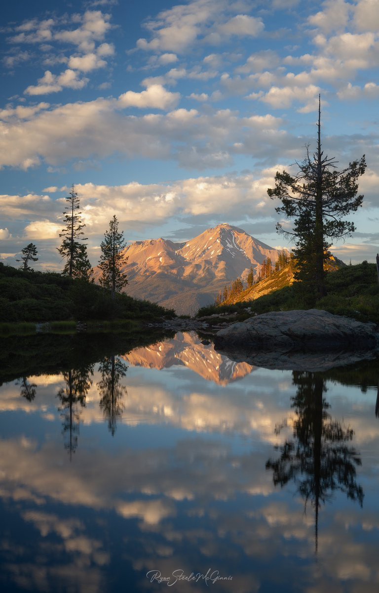 Dreamy golden hour reflections of Mt Shasta, California