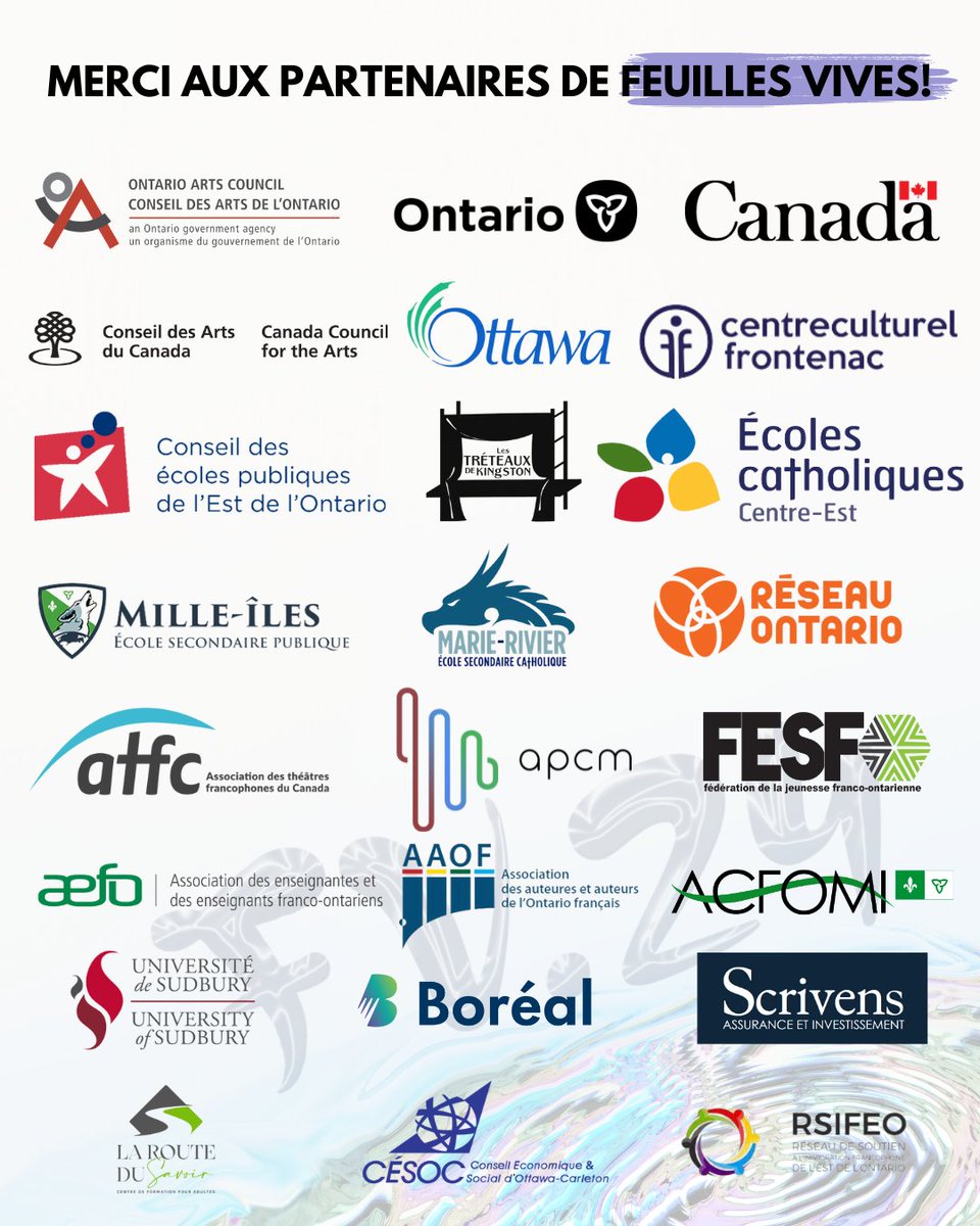 ❤️‍🔥 𝐌𝐄𝐑𝐂𝐈 du fond du coeur à tous nos partenaires de la 7e édition de 𝙁𝙚𝙪𝙞𝙡𝙡𝙚𝙨 𝙫𝙞𝙫𝙚𝙨
Grâce à vous, la culture théâtrale franco-ontarienne brille de mille feux! ✨
#Feuillesvives2024