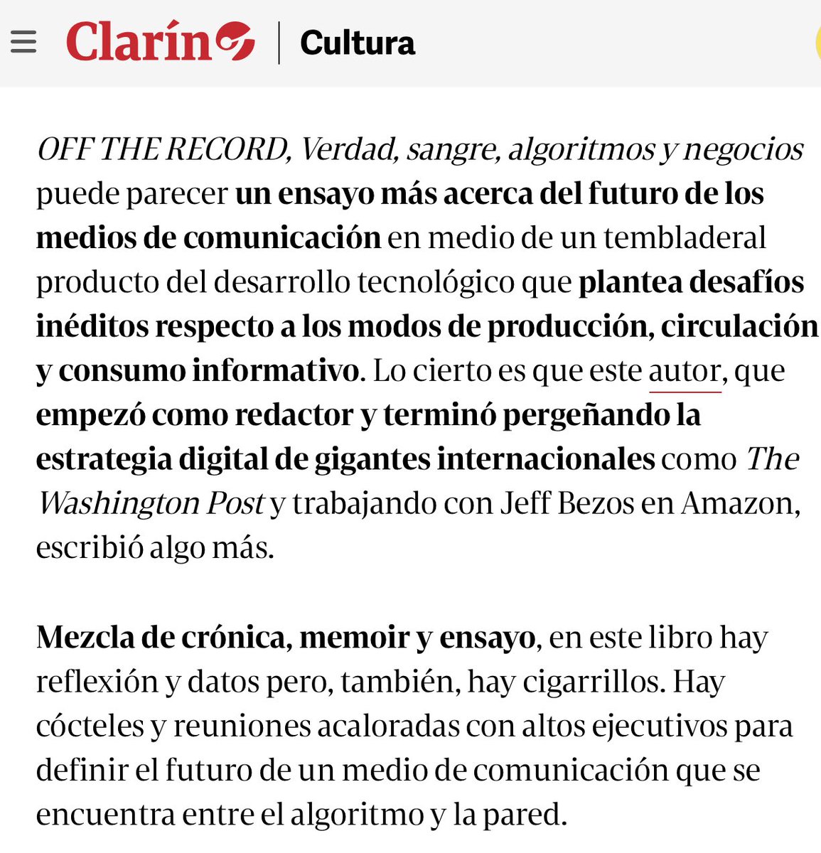 Pablo Díaz Marenghi leyó OFF THE RECORD y hablamos en <a href="/clarincom/">Clarín</a> <a href="/CulturaClarin/">Clarín Cultura</a> sobre el libro que publicó <a href="/Ampersand_ed/">EdicionesAmpersand</a>. Justas menciones a <a href="/sindolafuente/">Gumersindo Lafuente</a> <a href="/gculell/">Guillermo Culell</a> y <a href="/iescolar/">Ignacio Escolar</a> 

clarin.com/cultura/pablo-…