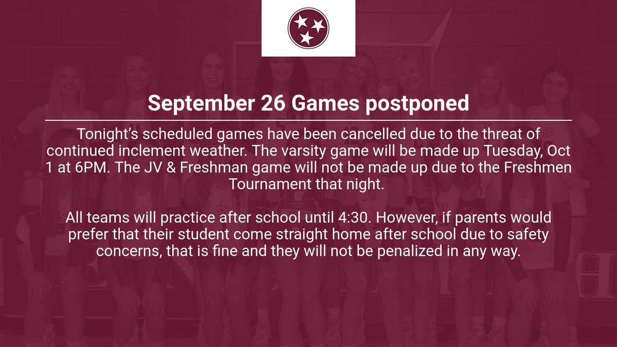 Tonight’s games against Science Hill are postponed. See the graphic for more information.
