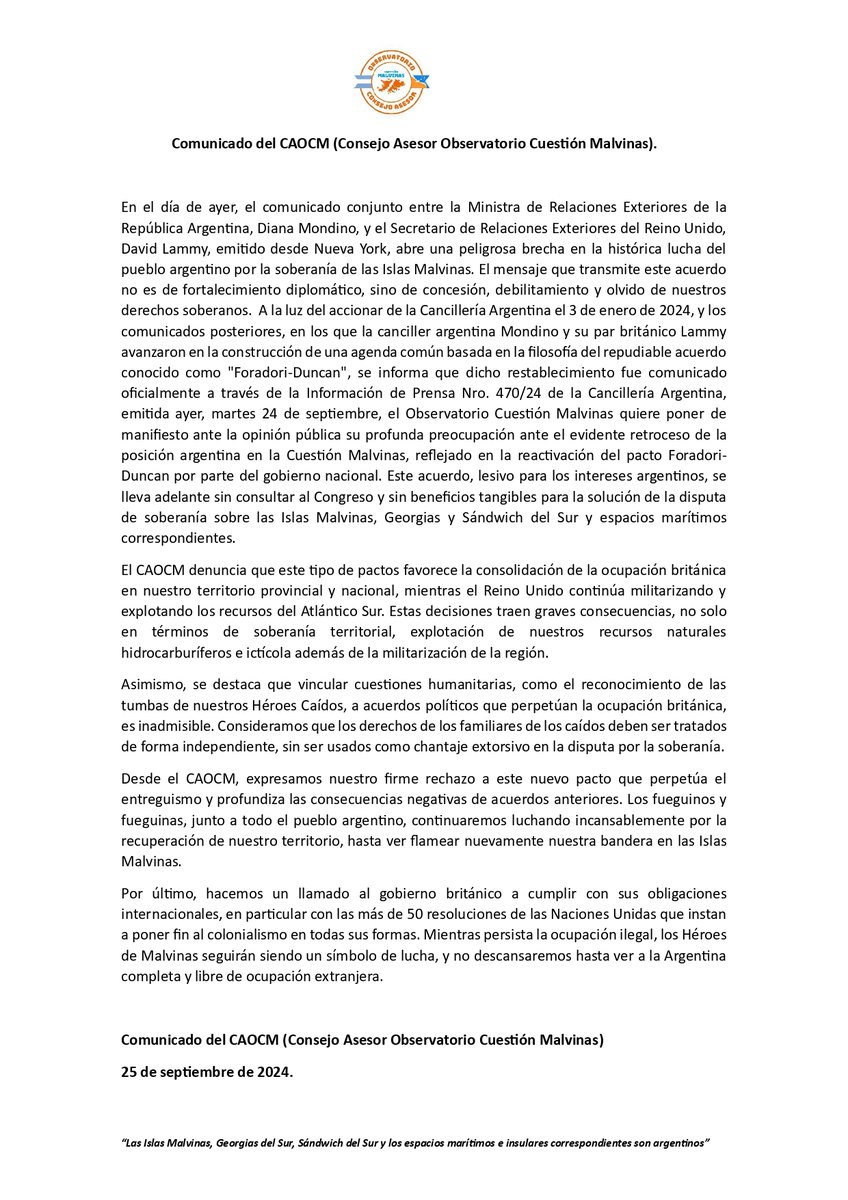 ConsejoMalvinas's tweet photo. Comunicado del Consejo Asesor Observatorio Cuestión Malvinas
#CuestionMalvinas #MalvinasEsArgentina #CAOCM https://t.co/hsSeLTKb3N