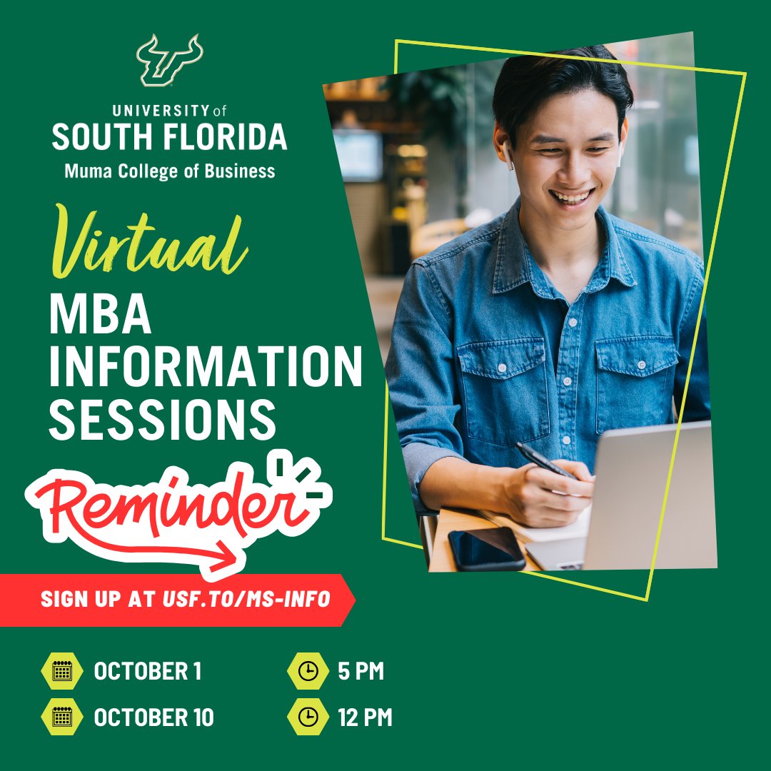 We have two virtual info sessions left for our specialty business master's programs! Register today whether you're ready to apply or just contemplating a master's degree. We look forward to meeting you!

For more information and to register, visit: usf.to/ms-info.