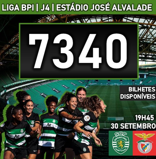 Contagem decrescente para o Dérbi 🟢

Faltam 7340 bilhetes para esgotarmos o estádio. Não percas esta oportunidade de apoiar as Leoas em Alvalade! 🦁
🎟️ bit.ly/3zDt6jv

Vamos continuar a publicar quantos bilhetes estão disponíveis até chegarmos a 0!