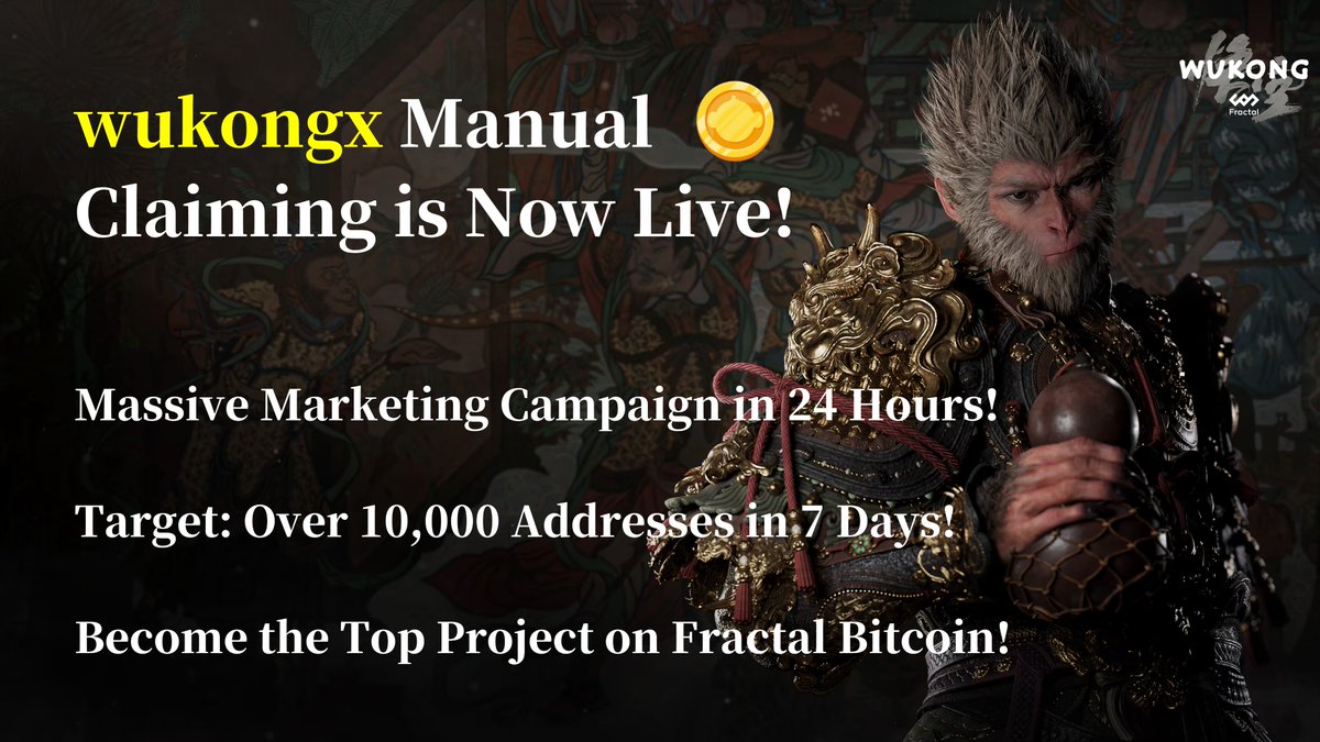 wukongx is here with big news! 🚀

We are proud to announce that wukongx is the first project on Fractal Bitcoin to implement manual token claims!

💥 Simply visit our official website and claim your wukongx airdrop by verifying your assets, whether you're on mobile or PC.

🔥