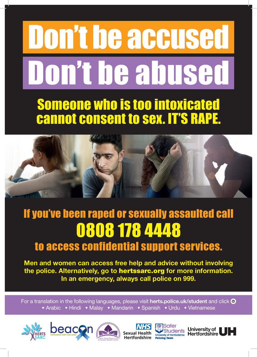 Someone who is too intoxicated cannot consent to sex. IT’S RAPE. If you’ve been raped or sexually assaulted you can call 0808 178 4448 or visit orlo.uk/K6BIU to access confidential support services without involving the police. 

#FreshersWeek