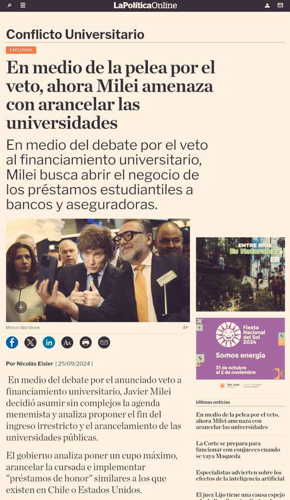 De acuerdo a varias fuentes, Milei buscaría arancelar a las universidades públicas y obligar a los alumnos a tomar préstamos de bancos y aseguradoras para poder cursar. Otra idea es pasarle las universidades a las provincias. La demencia de este payaso no tiene límites, va a
