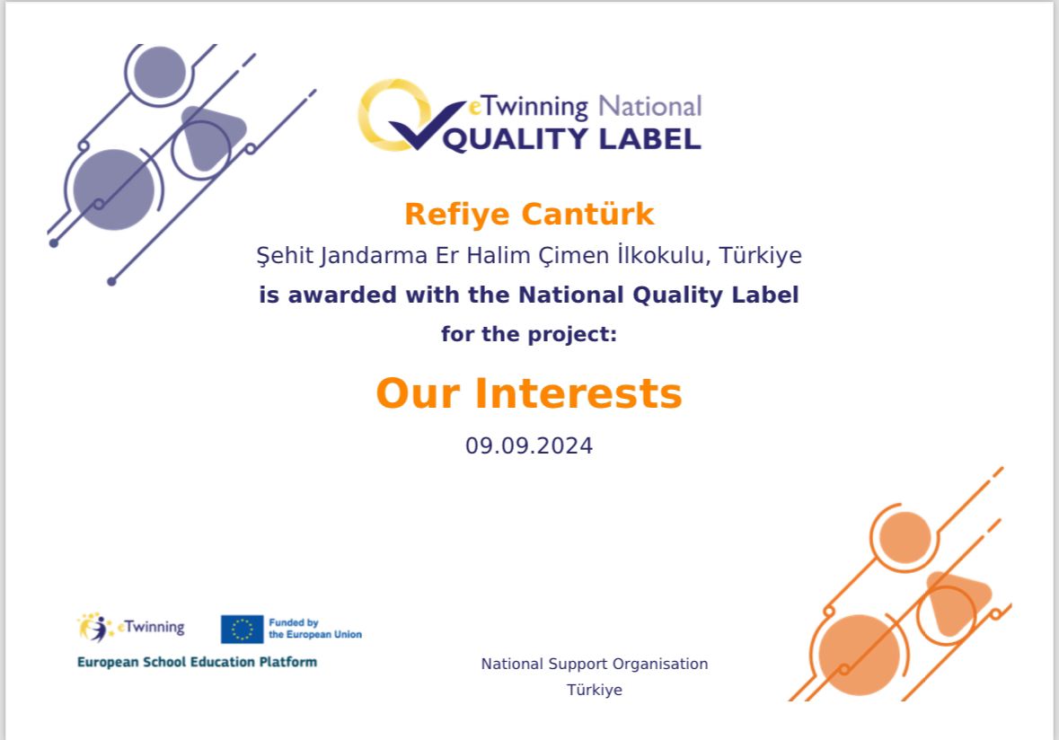 Okulumuzda yürütülen e twinning projesinde; öğrencilerimizin ilgi alanlarını keşfetmelerini sağlayarak 3/H sınıfı olarak Ulusal Kalite Etiketimizi aldık.Emeği geçen öğretmenimiz Refiye Cantürk’e,öğrencilerimize ve velilerimize teşekkür ederim.