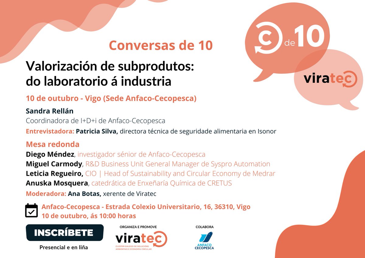O vindeiro 10 de outubro, ás 10 h, en @anfacocecopesca, terá lugar unha nova sesión de #Conversasde10, baixo o título ‘Valorización de subprodutos: do laboratorio á industria’

📍 Evento híbrido: Presencial e en liña

🔗 Inscricións: docs.google.com/forms/d/e/1FAI…