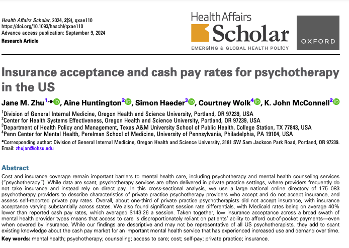 Neat new paper out led by <a href="/janemzhu/">Jane Zhu</a> in #HAScholar

Insurance acceptance and cash pay rates for psychotherapy in the US
doi.org/10.1093/haschl…

Thread