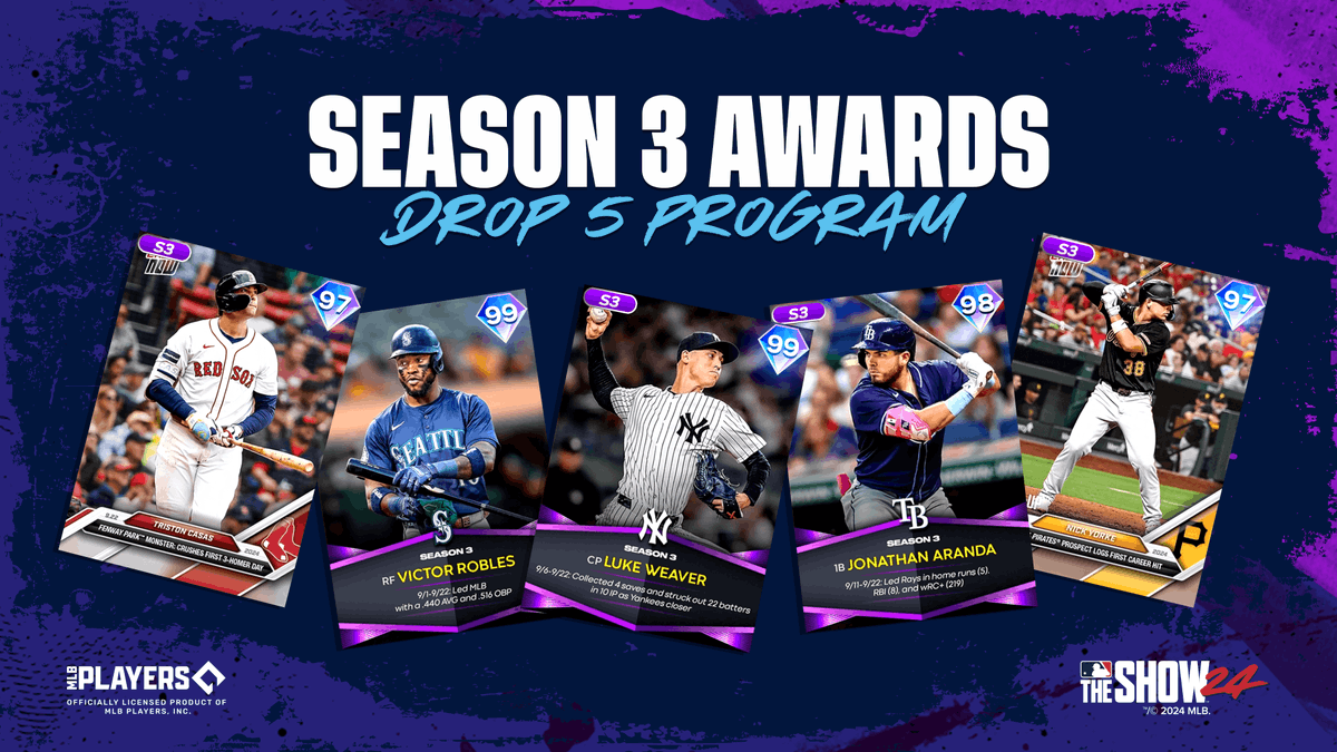MLBTheShow's tweet image. Tomorrow, Season 3 Awards Drop 5 arrives to #MLBTheShow 24 with these 💎s: 

💎🏆 Victor Robles
💎🏆 Luke Weaver
💎🏆 Jonathan Aranda
💎 Nick Yorke
💎 Triston Casas

#MLBTheShow