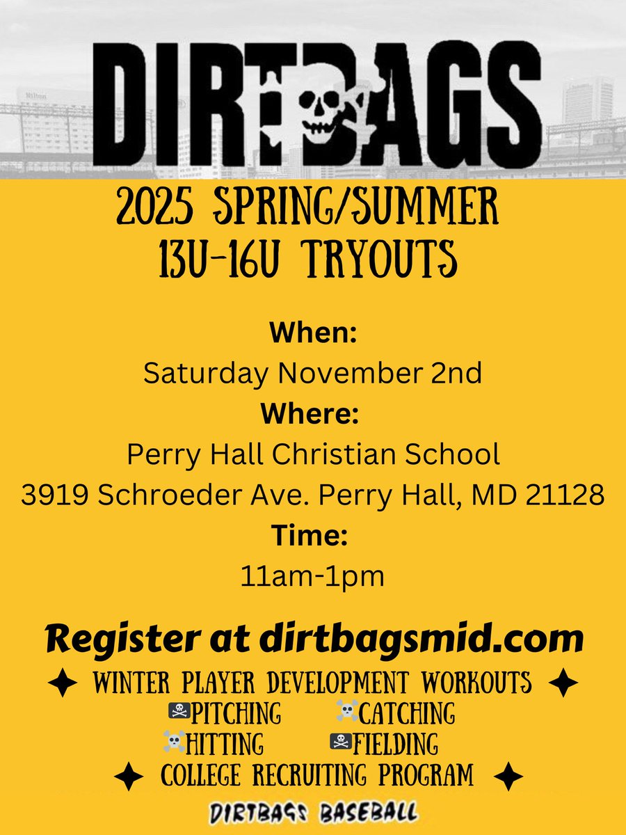 🏴‍☠️ Dirtbags Tryouts 

7th and 8th graders⬇️⬇️⬇️
Middle school program started this fall and is growing quickly. 

Current high school players⬇️⬇️⬇️
Are you in need of help reaching your goal of playing college baseball, let’s talk 💪

📲 Register at dirtbagsmid.com