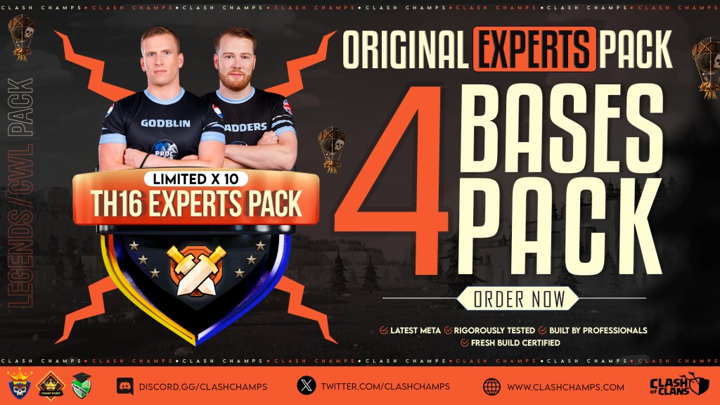ClashChamps's tweet image. TH16 Original Experts Pack is HERE! 🎯

Get 4 PRO bases by top builders @Godblin2 &amp;amp; Bradders with 16+ years of experience!

🔥 Stock Limited, grab yours NOW: clashchamps.com/product/th16-x…

🎁 Our October Pro base packs are live too—don’t miss out! 
clashchamps.com/product-catego…
