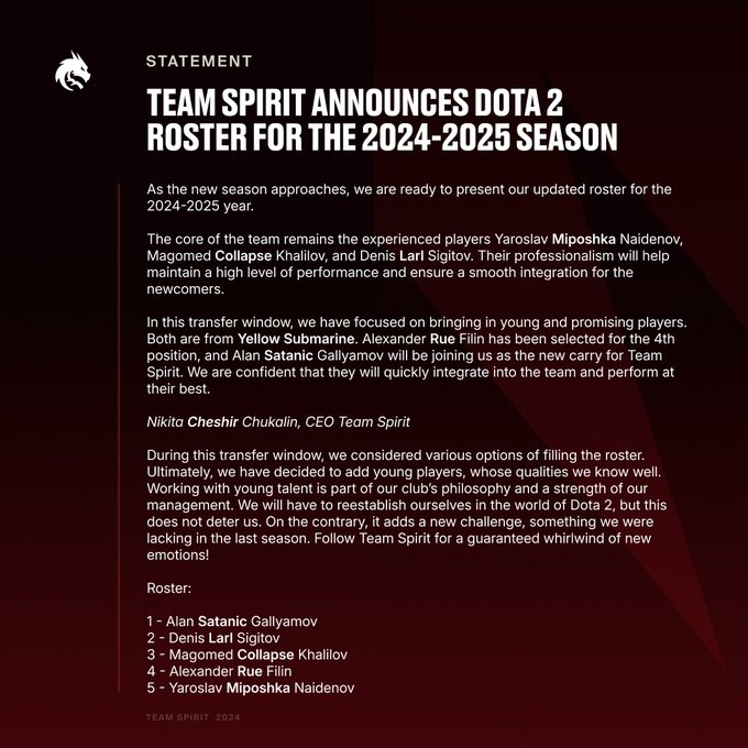 Team Spirit reveals new Dota 2 Roster: Satanic joins the squad