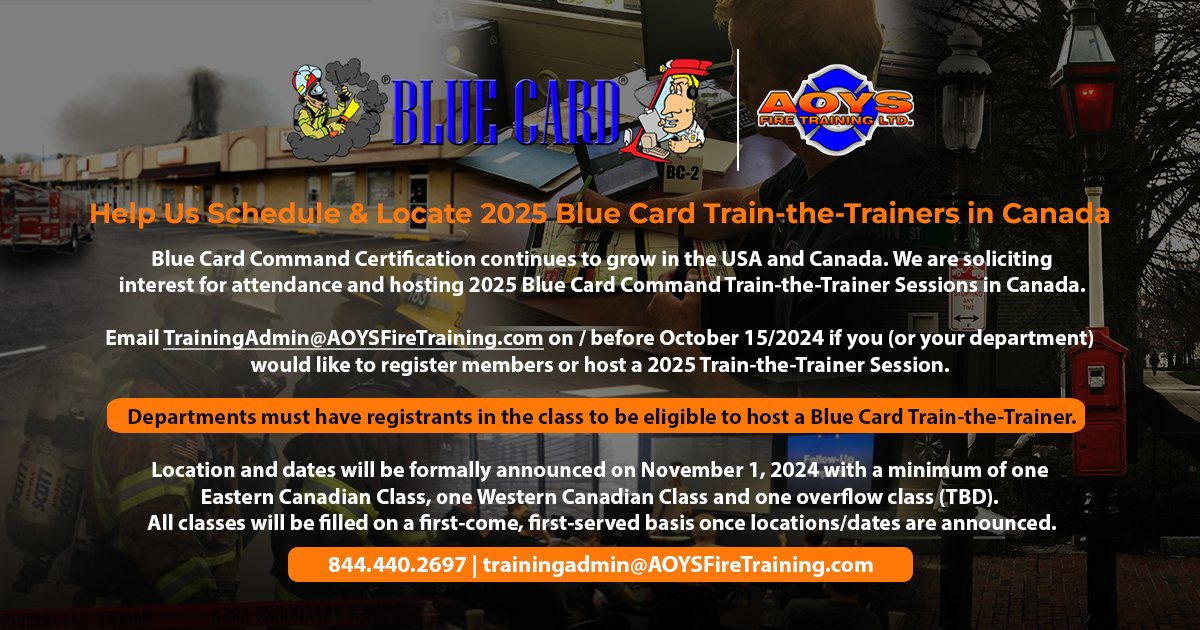 AOYSFireTrain's tweet image. Help Schedule Canadian Blue Card Train-the-Trainers in 2025 REPLY BY OCTOBER 15

#bluecard #bluecardcommand #firecommand #brunacini