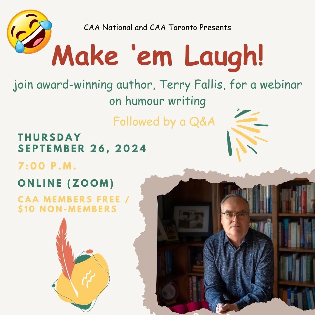 Canadian Authors (@canauthors) on Twitter photo Canadian Authors Presents Make ‘Em Laugh! Humour Writing Webinar with Terry Fallis
7:00 pm ET TONIGHT! Can’t attend live? Registrants will be sent a recording of this Zoom event afterwards, but you must register at: ow.ly/Ejpz50TwmIX
<a href="/TerryFallis/">Terry Fallis</a> #writerscommunity Canadian Authors Presents Make ‘Em Laugh! Humour Writing Webinar with Terry Fallis
7:00 pm ET TONIGHT! Can’t attend live? Registrants will be sent a recording of this Zoom event afterwards, but you must register at: ow.ly/Ejpz50TwmIX
<a href="/TerryFallis/">Terry Fallis</a> #writerscommunity