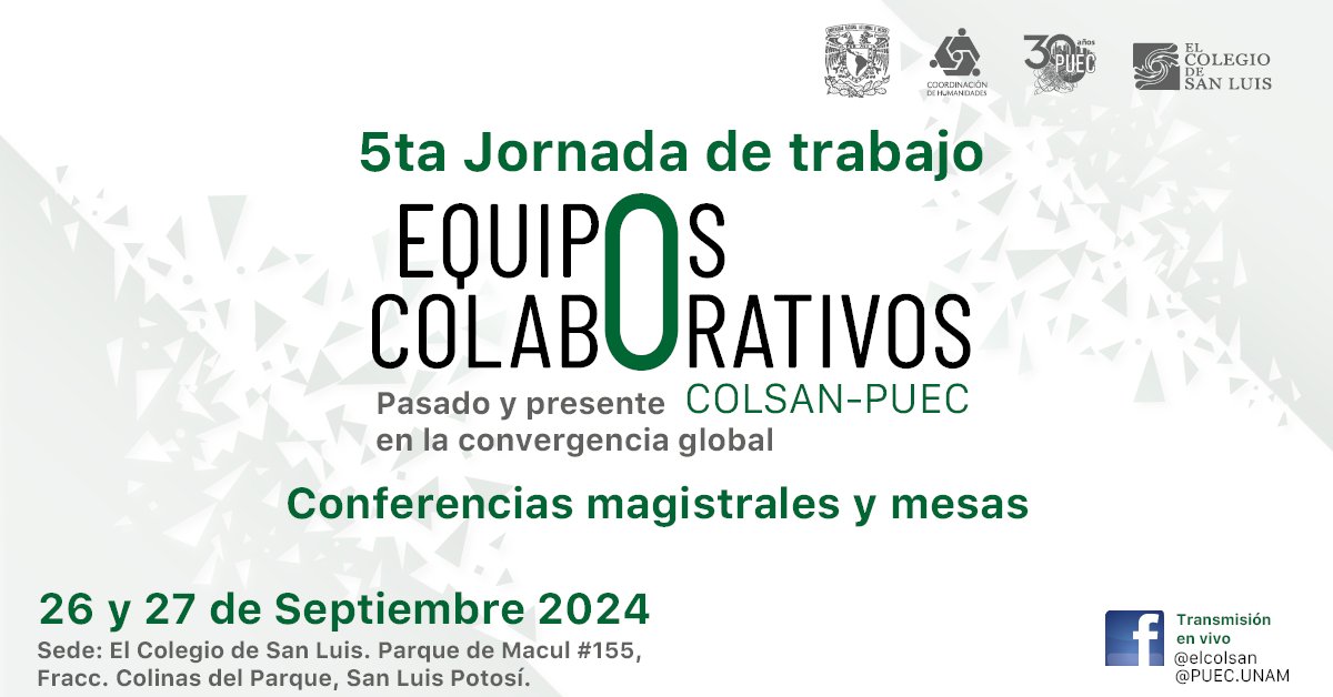 PUEC_UNAM's tweet photo. En vivo en este momento 👇
5ª Jornada de trabajo de Equipos Colaborativos COLSAN - PUEC.  Pasado y presente en la convergencia global
Ver en Facebook @PUEC.UNAM 🔴https://t.co/n7Kq1FKHVu https://t.co/a2wksSaFHB
