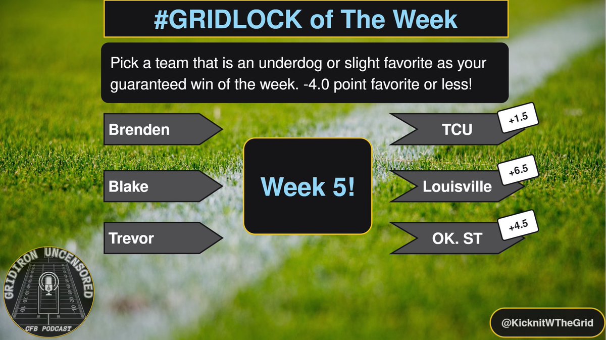 KicknitWTheGrid's tweet photo. Alright folks, week 5 is here and so are our #gridlocks
A team each of us feel confident will win even if Vegas doesn’t trust them as much. Let us know yours below! https://t.co/FtLDspXx3E