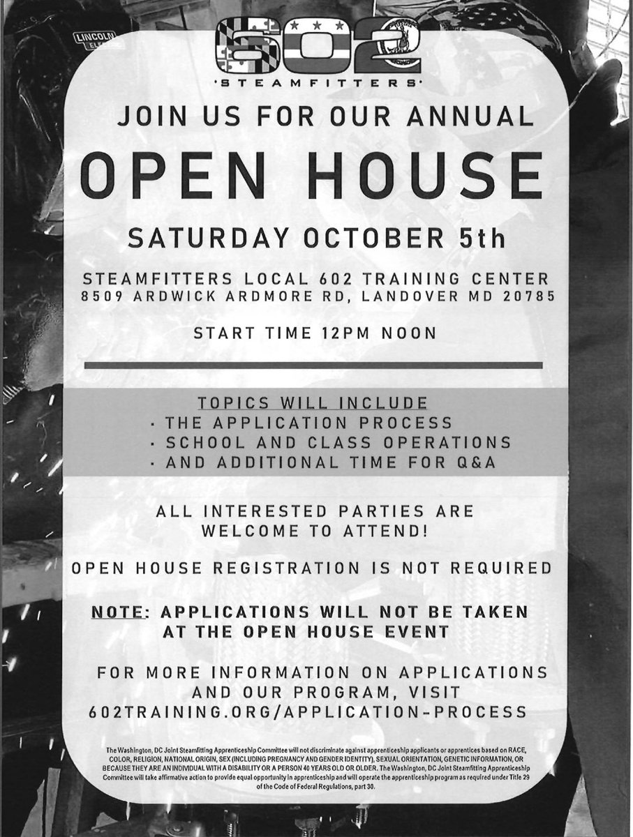 The Steamfitters Union represents plumbers, pipefitters, sprinkler fitters, service techs &amp; welders. The Steamfitters Local Union 602 will hold their open house on Saturday, 10/5. Registration not required. See flyer for details. <a href="/WPHSSS/">WPHSStudentServices</a> <a href="/theWPboard/">West Potomac HS (we/they/them)</a> <a href="/RollwithWestPo/">WPStudentActivities</a>