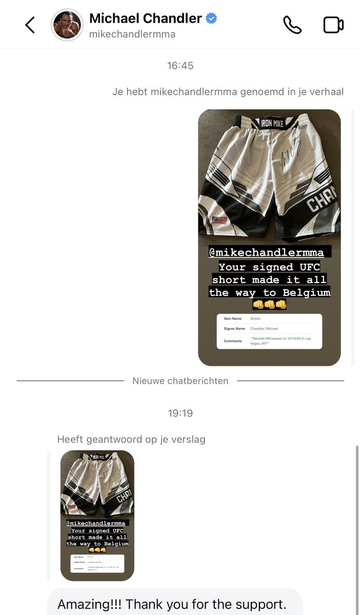 Can your #NFTCommunity do this?

<a href="/madvapesnft/">Madⓥ-Apes | VeChain NFTs</a> is on #VeChain 

VeChain has a sponsorship deal with <a href="/ufc/">UFC</a> 

I won a signed <a href="/MikeChandlerMMA/">Michael Chandler</a> shorts. Just by being part of our community. 

But..that is not all. <a href="/MikeChandlerMMA/">Michael Chandler</a> DM’d me on instagram when i made a post about the short!