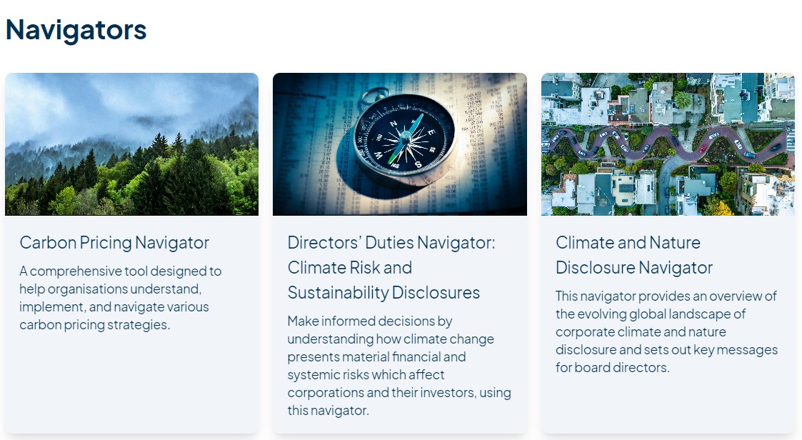 We’ve launched a new type of resource for board directors that provides an introductory overview of various topics within #climate &amp; #sustainability:

· Climate &amp; #nature #disclosures
· #DirectorsDuties
· #CarbonPricing

Explore the navigators now👉 hub.climate-governance.org