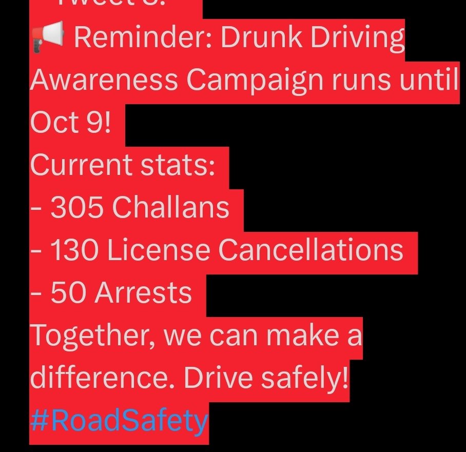 TTRHimachal's tweet photo. ๐๐ฅ Our Drunk Driving Awareness Campaign is in full swing!
Total updates:
- Challans Issued: 305
- Licenses recommended for cancellations: 130
- Arrests: 50
Stay safe and keep our roads free from drunk driving!
๐ข Drive responsibly and stay safe!
#EndDrunkDriving https://t.co/L20zDpMe8M