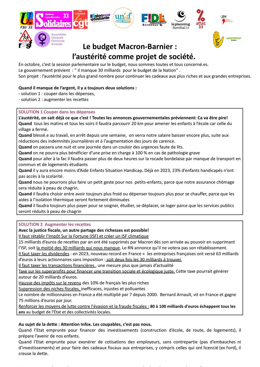 Fsugironde's tweet photo. 📣 En grève et en manif Mardi 1er octobre !

➡️"Le budget Macron-Barnier : l'austérité comme projet de société."

➡️A Bordeaux RDV à 11h 30 place de la République : soyons nombreuses et nombreux pour une manifestation unitaire et intersyndicale !

#EnGreveLe1erOctobre https://t.co/X7jBTUA6gR